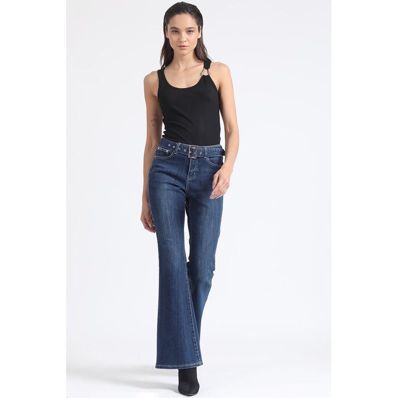 LIOLA - Jeans Flare Tiro Medio, Con Cinturon, Azul Liola
