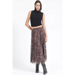 LIOLA - Falda Larga Malla Estampada Leopardo, Negro