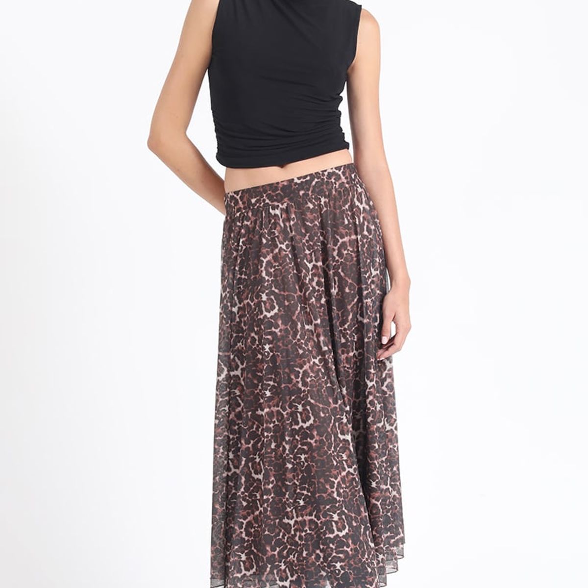 LIOLA - Falda Larga Malla Estampada Leopardo, Negro Liola