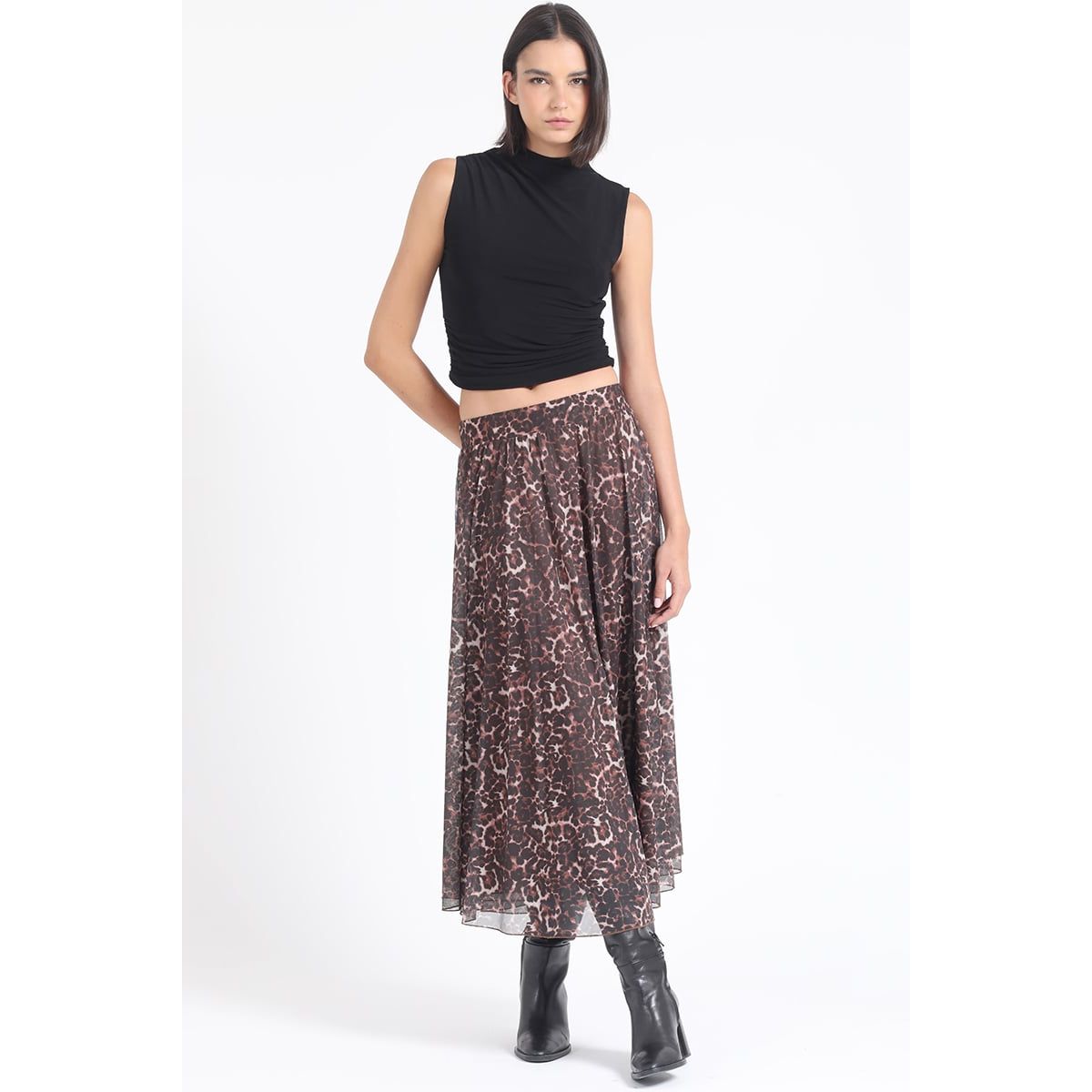 LIOLA - Falda Larga Malla Estampada Leopardo, Negro Liola