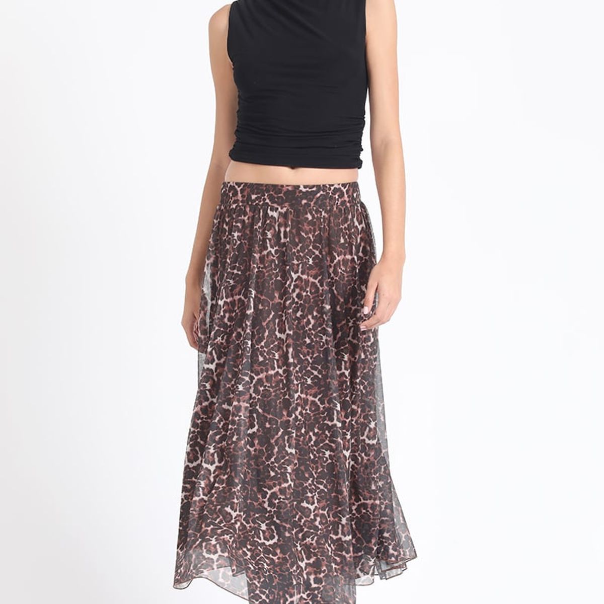 LIOLA - Falda Larga Malla Estampada Leopardo, Negro Liola