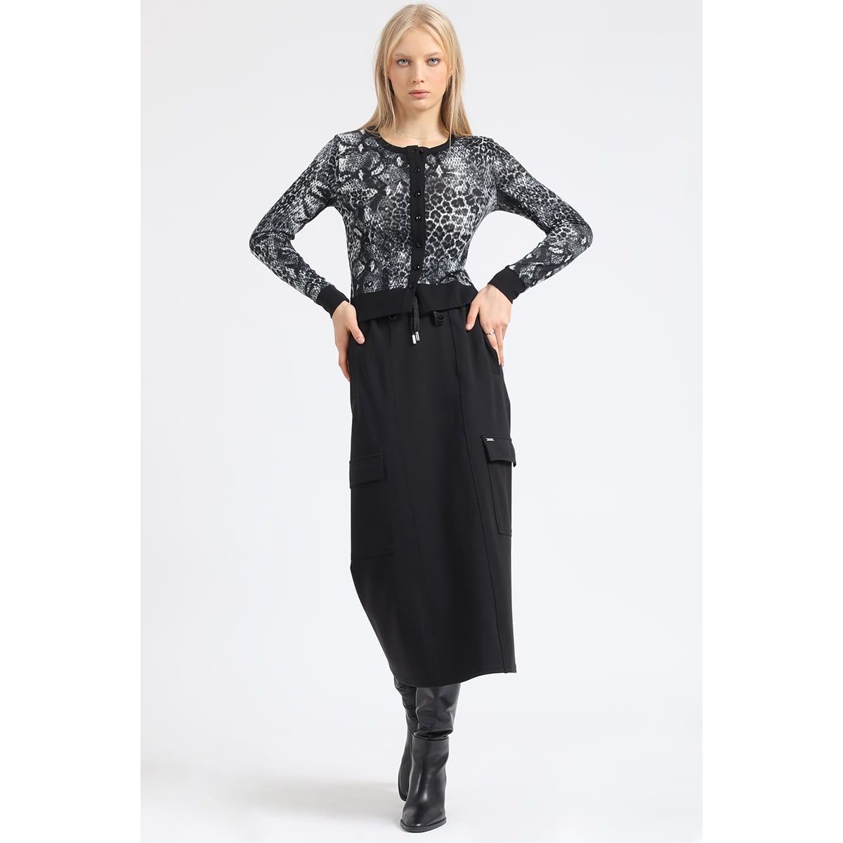 LIOLA - Falda Larga Cargo, Negro Liola