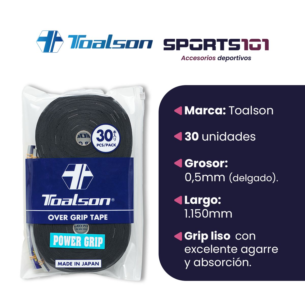 TOALSON - Grip de Tenis Toalson Power Grip Overgrip - 30 Unidades - Negro
