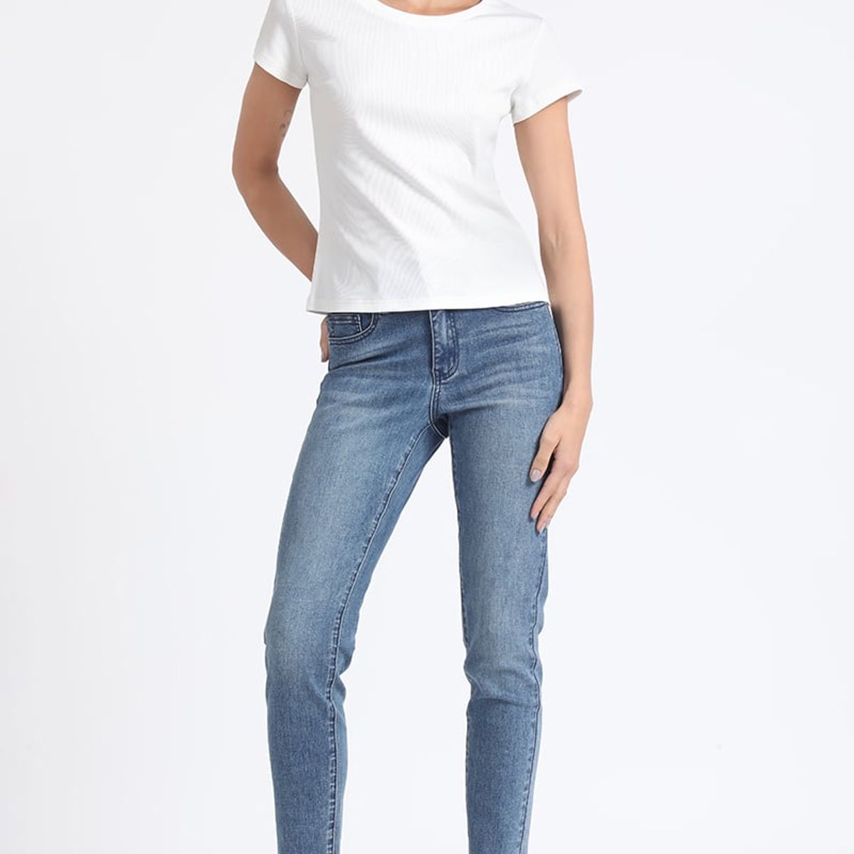 LIOLA - Jeans Skinny Tiro Medio, Doble Pretina, Azul Liola