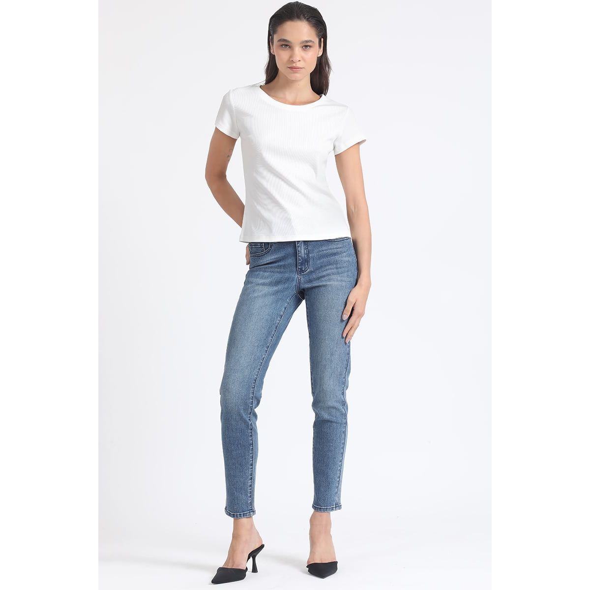 LIOLA - Jeans Skinny Tiro Medio, Doble Pretina, Azul Liola