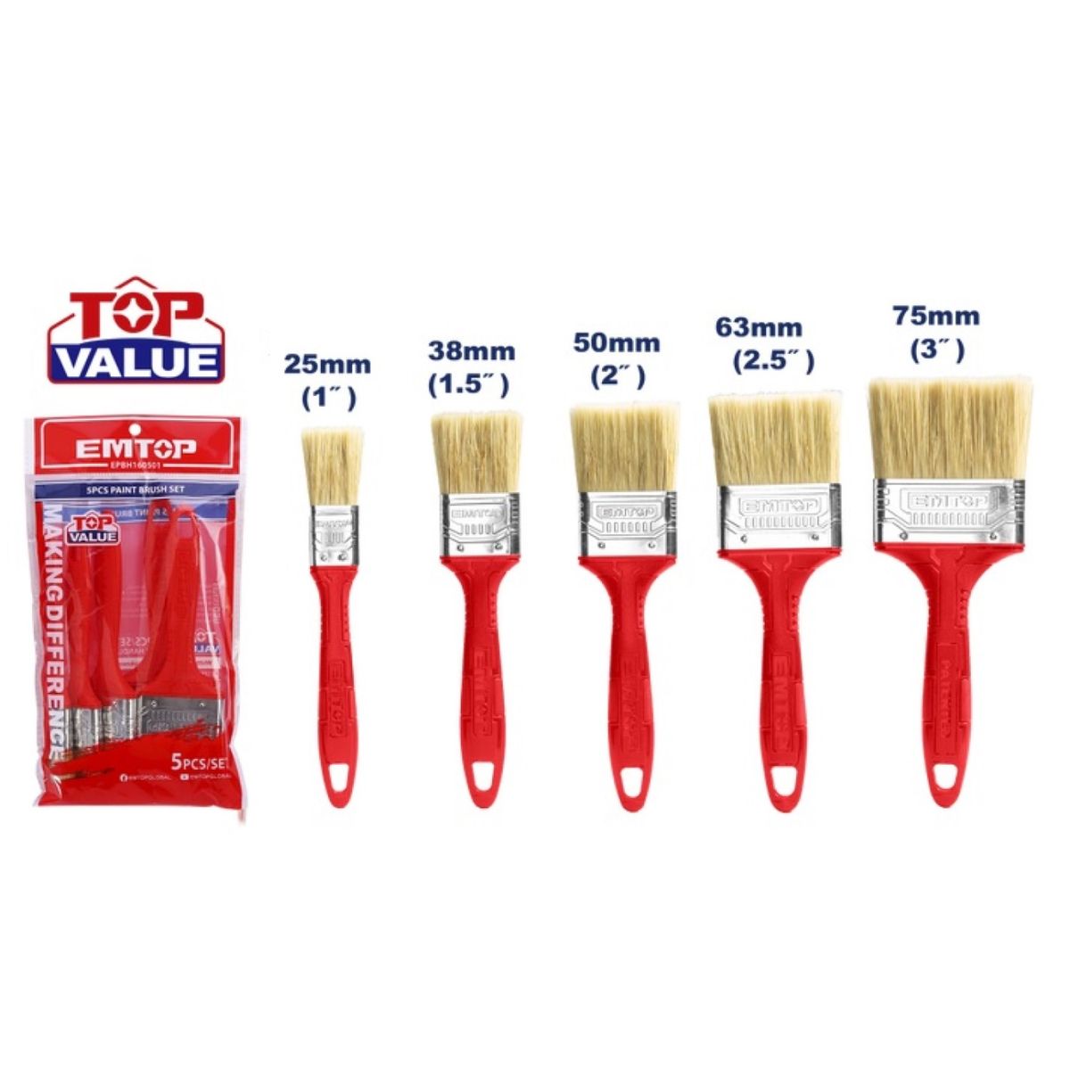 EMTOP - Kit de 5 Brochas Mango de Plástico EPBH160501 EMTOP