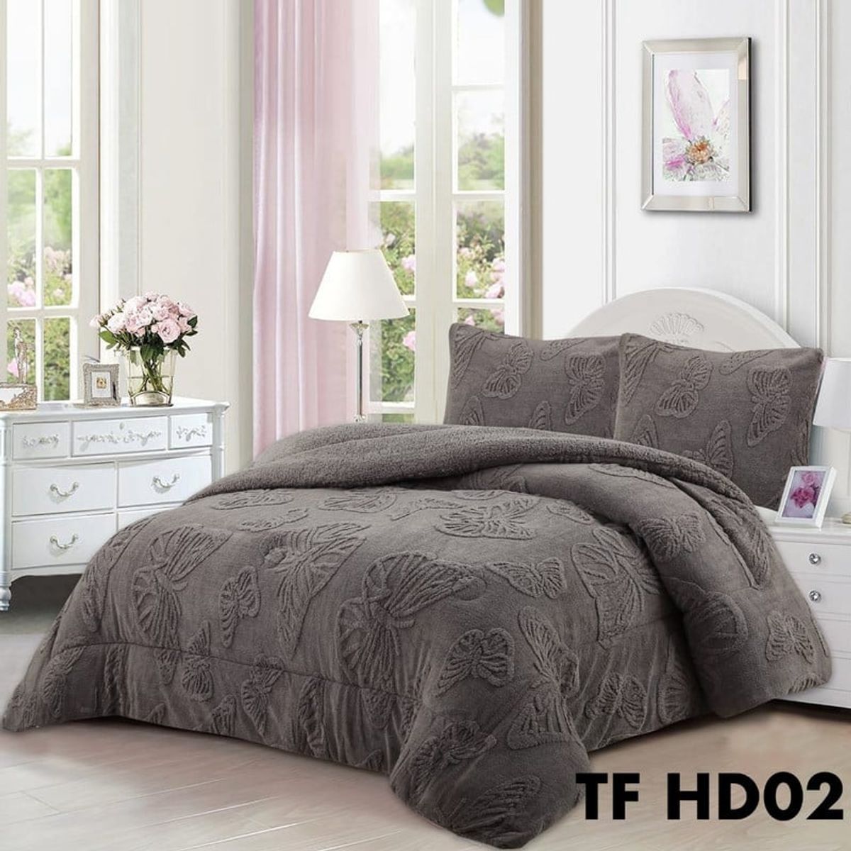 ANGELES DEL HOGAR - COBERTOR CON CHIPORRO DISEÑO MARIPOSA 2 PLAZA GRIS