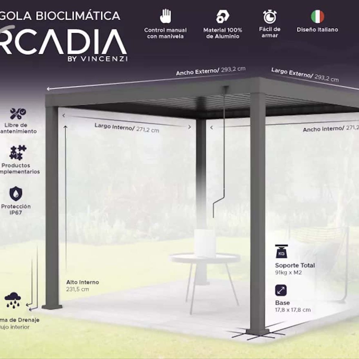 VINCENZI - Pérgola Bioclimática 3x3 mts Arcadia Vincenzi