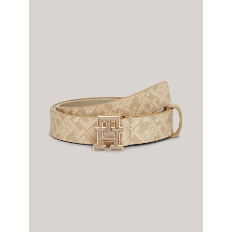 TOMMY HILFIGER - Cinturón Logo Monogram De Cuero Beige Tommy Hilfiger