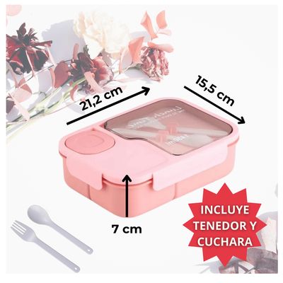 Imagen 2 del producto Fiambrera Contenedor 1450 Ml Táper Hermético + Cubiertos Plástico Pink