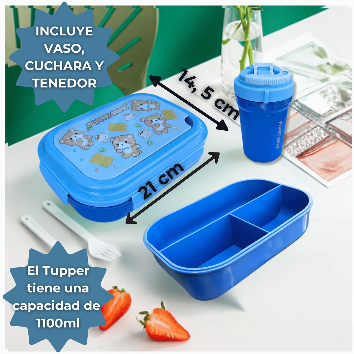 LINE - Fiambrera Contenedor 1100 Ml Táper Hermético + Vaso Plástico Infantil