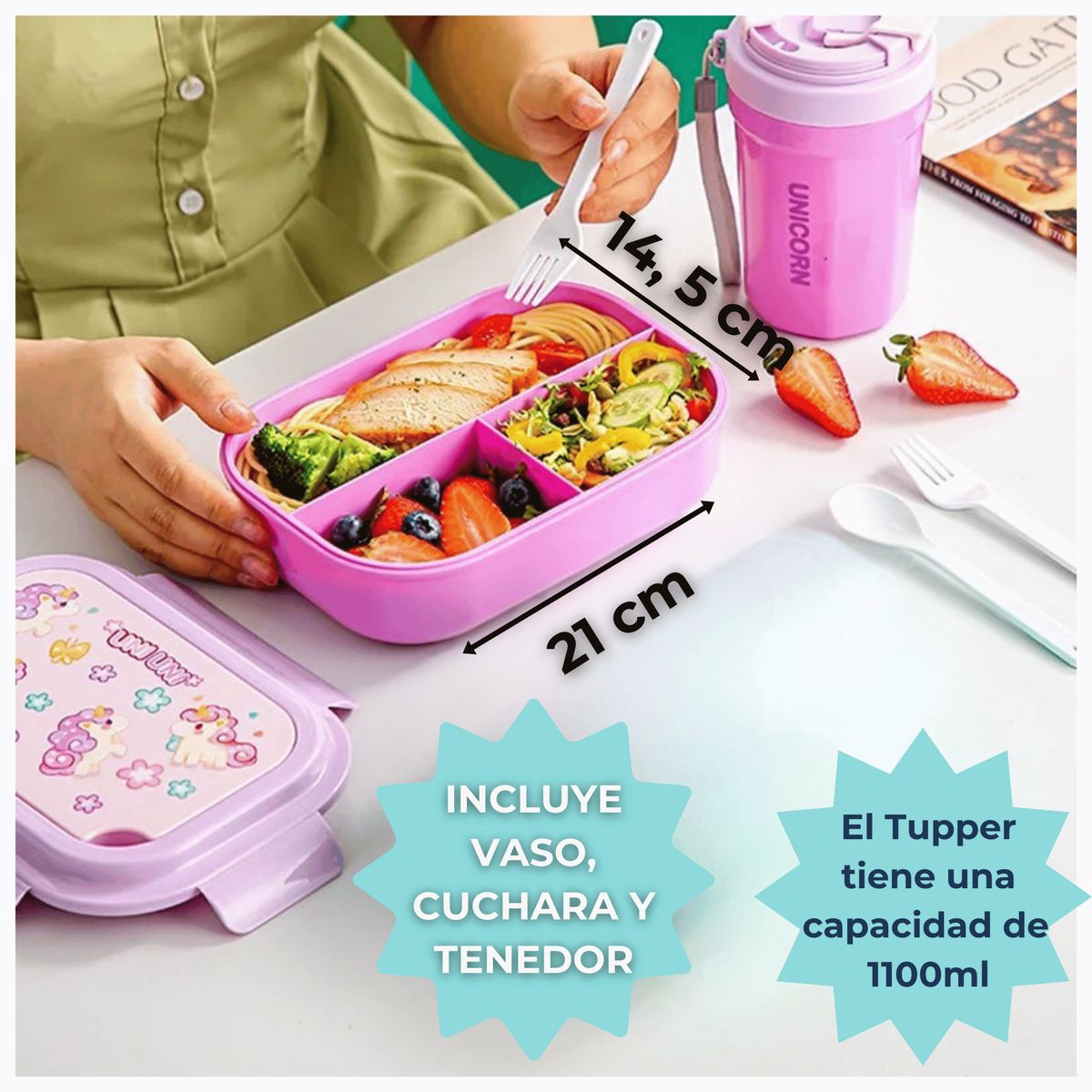 LINE - Fiambrera Contenedor 1100 Ml Táper Hermético + Vaso Plástico Infantil
