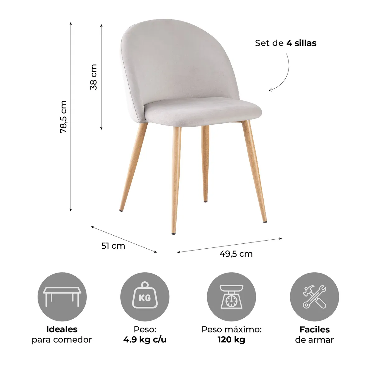 RELAN - Set x4 Sillas de Comedor Top Living Dinka Cielo Terciopelo
