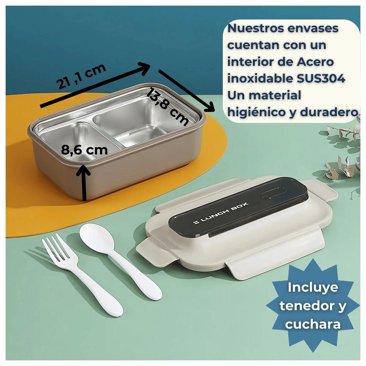 LINE - Fiambrera Contenedor 800 ml Térmico 2 Divisiones Táper Hermético Beige