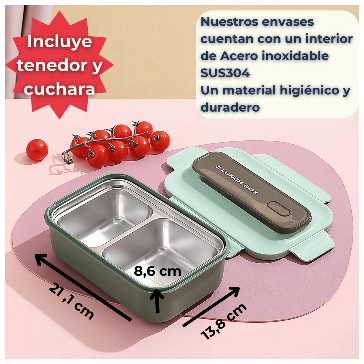 LINE - Fiambrera Contenedor 800 ml Térmico 2 Divisiones Táper Hermético Green