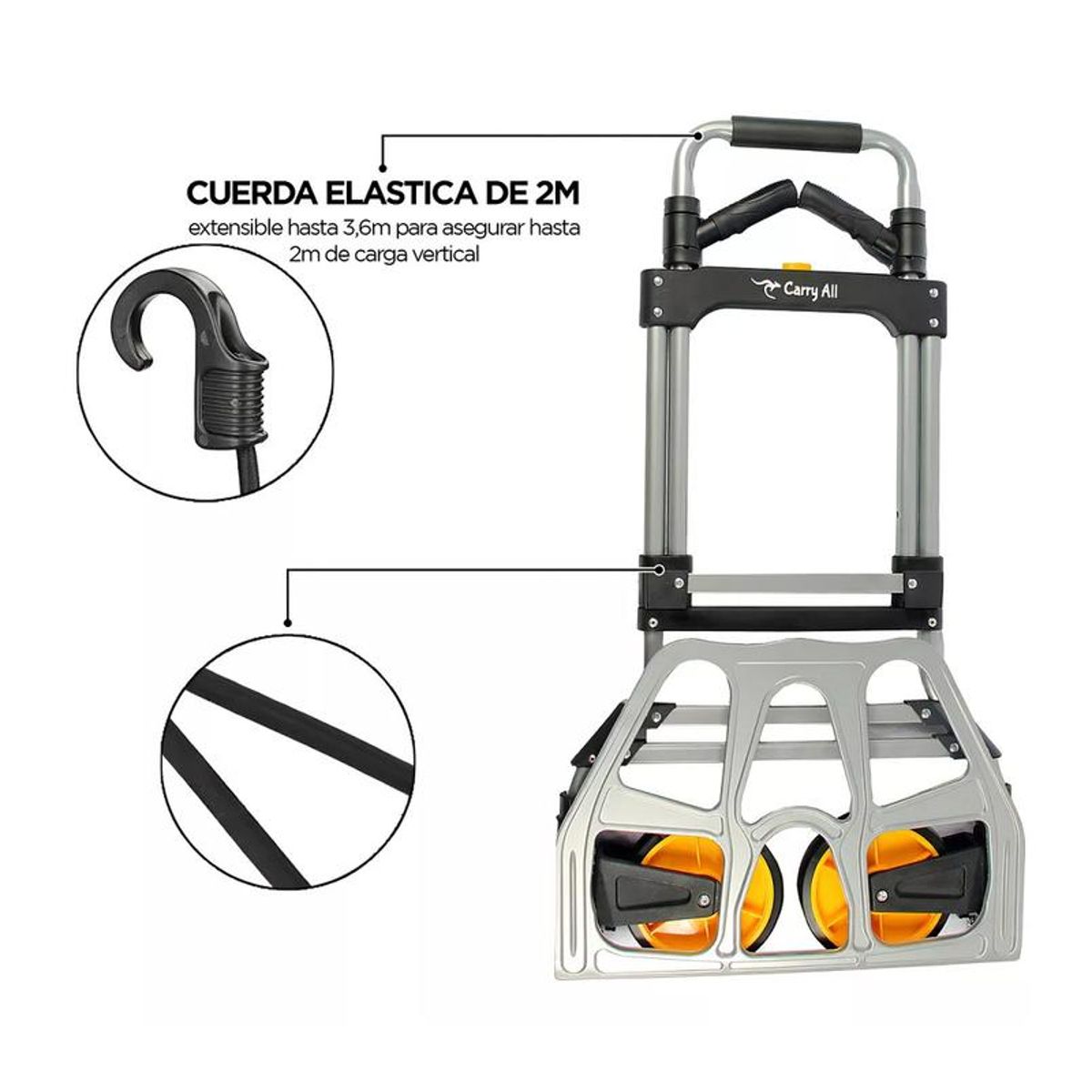 GENERICO - Carro de carga 150 kilos con manillas y cuerda elástica color negro