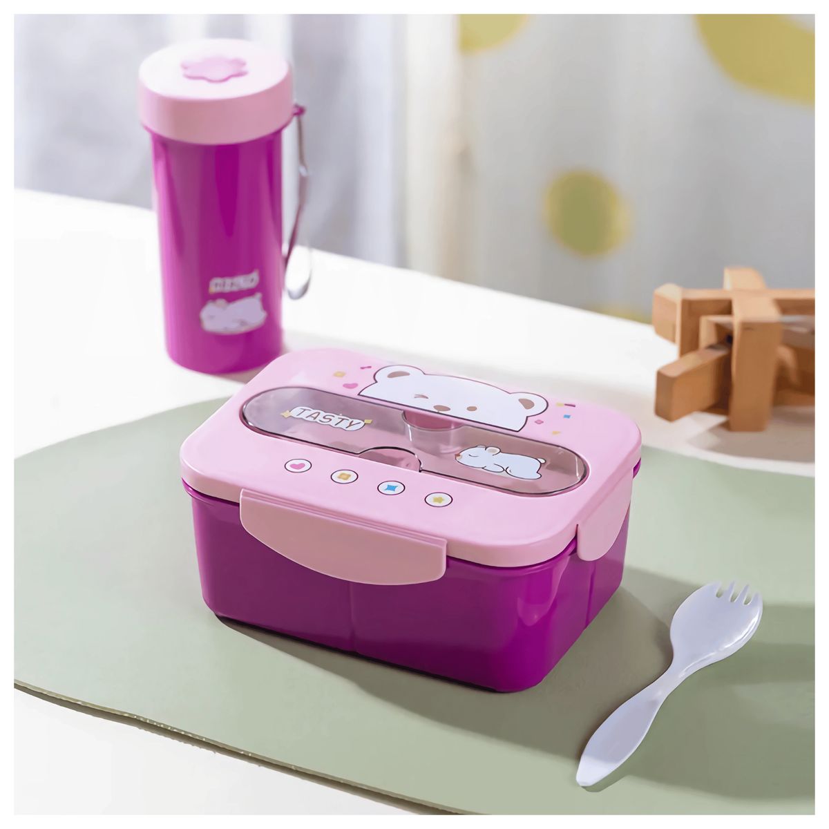 LINE - Fiambrera Contenedor 1200Ml Táper Hermético + Cubierto Y Vaso Infantil