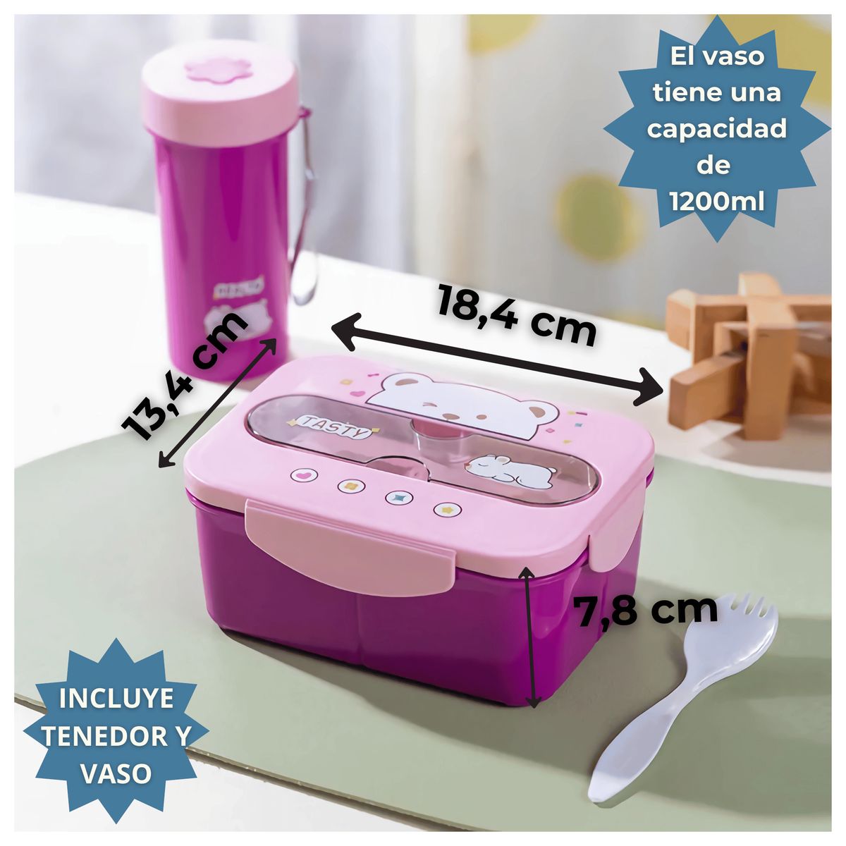 LINE - Fiambrera Contenedor 1200Ml Táper Hermético + Cubierto Y Vaso Infantil