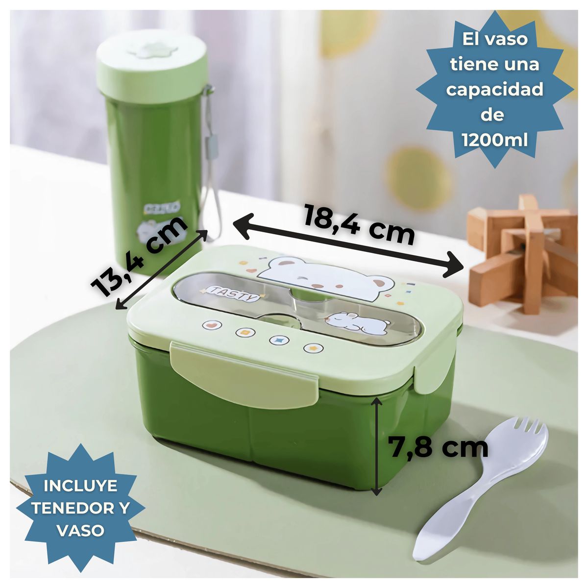 LINE - Fiambrera Contenedor 1200Ml Táper Hermético + Cubierto Y Vaso Infantil