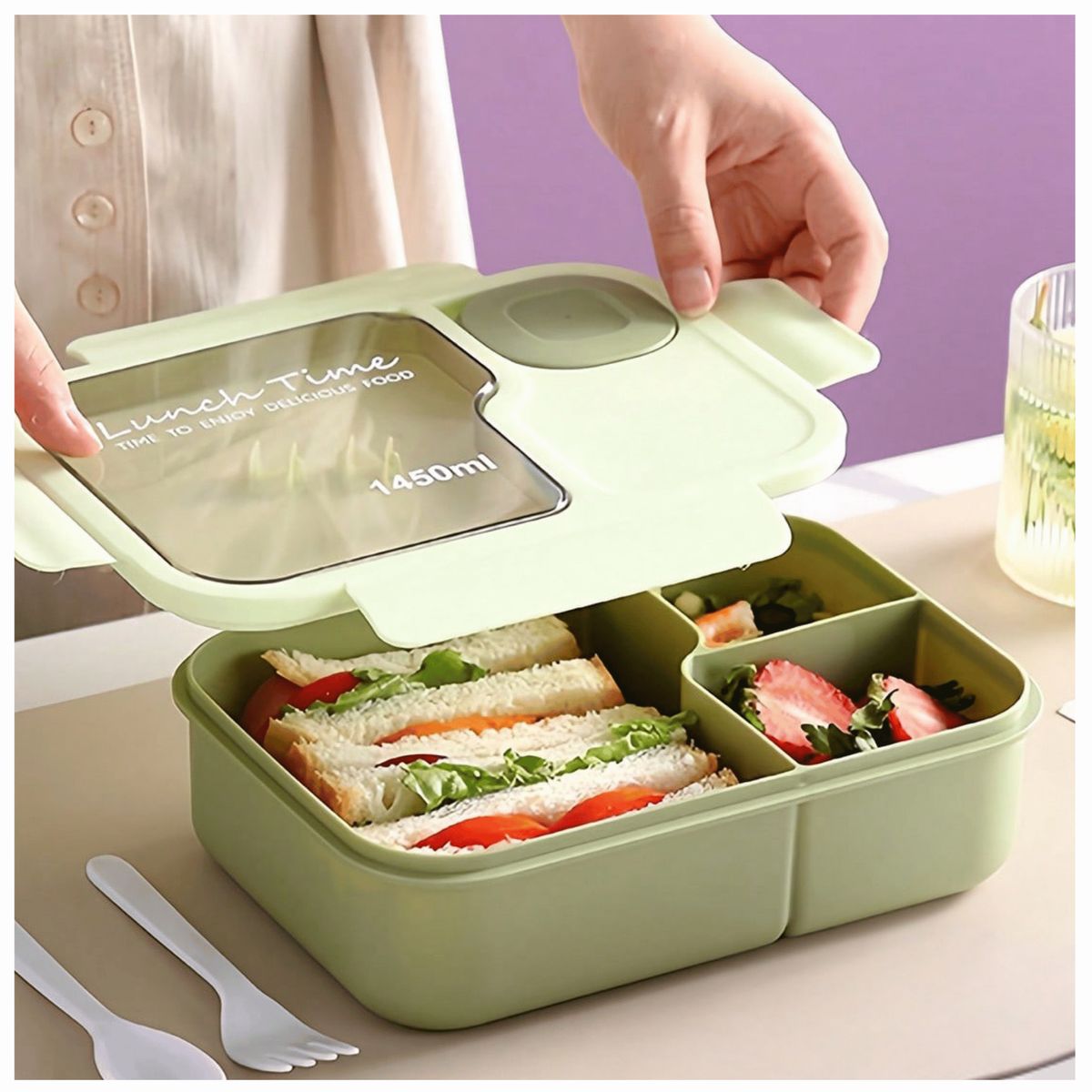 LINE - Fiambrera Contenedor 1450Ml Táper Hermético + Cubiertos Plástico Green