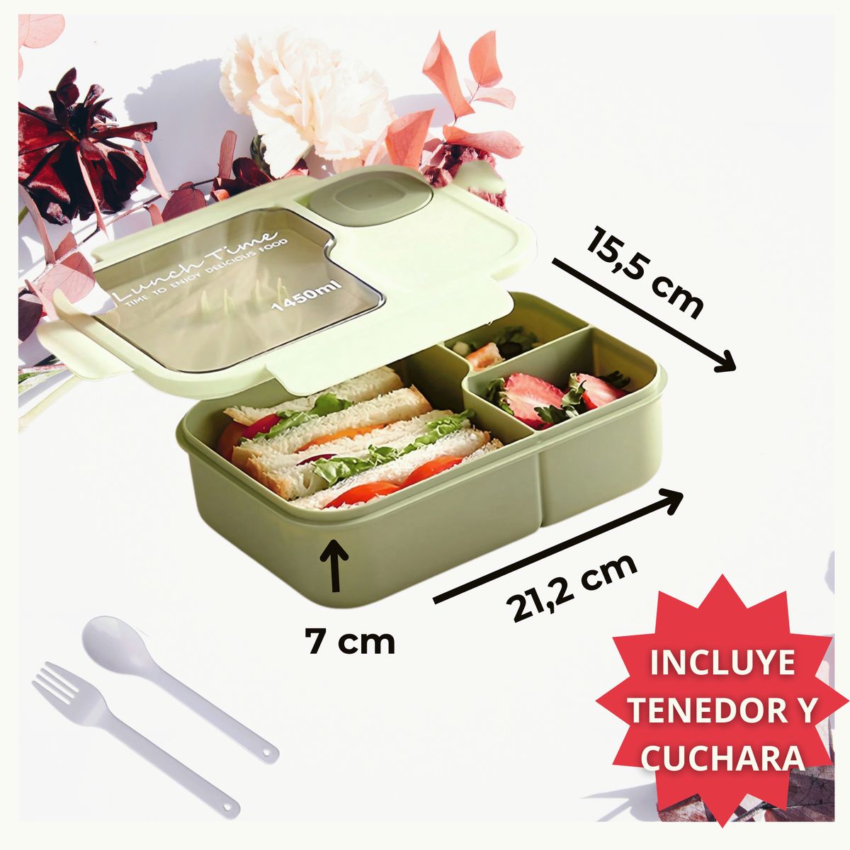 LINE - Fiambrera Contenedor 1450Ml Táper Hermético + Cubiertos Plástico Green