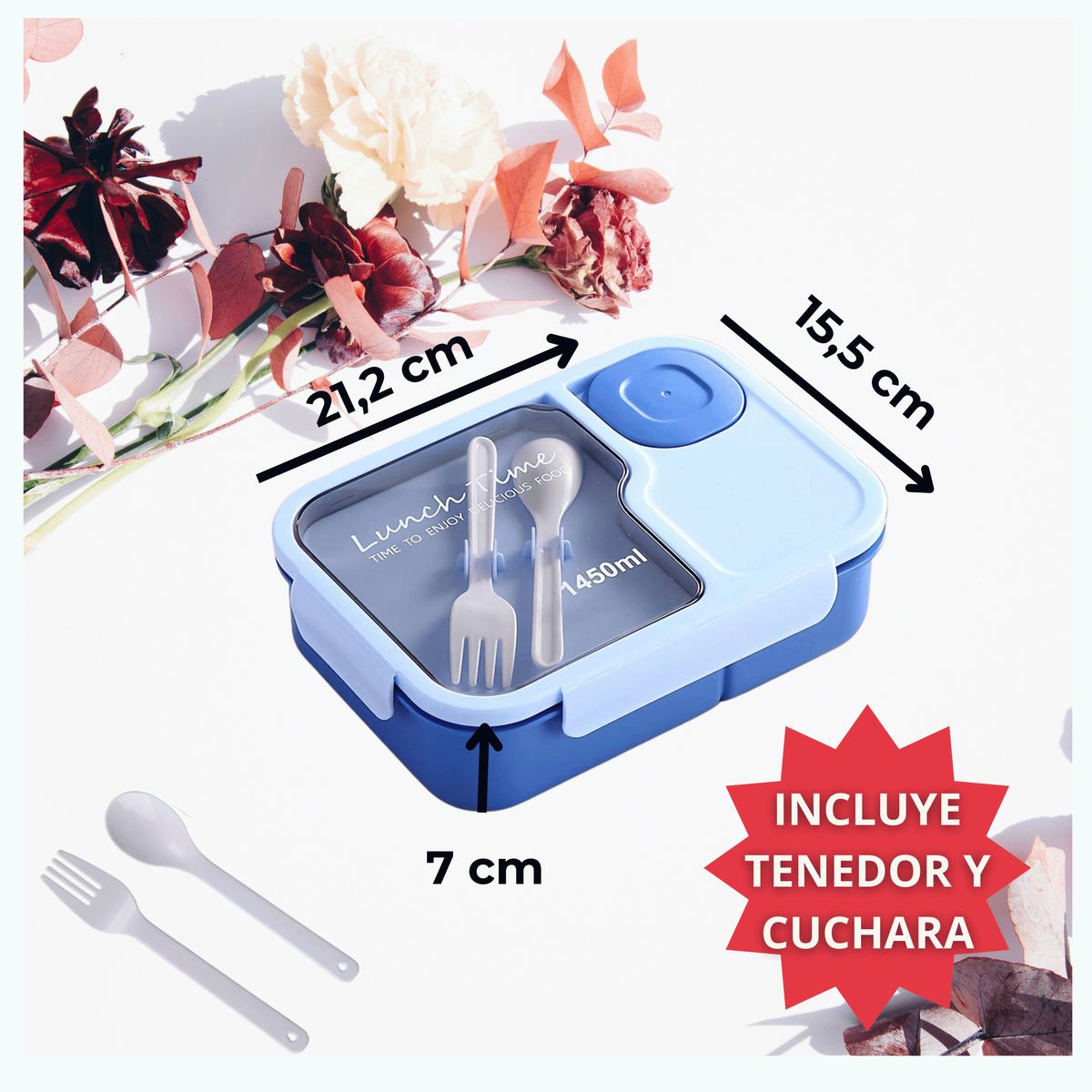 LINE - Fiambrera Contenedor 1450 Ml Táper Hermético + Cubiertos Plástico Blue