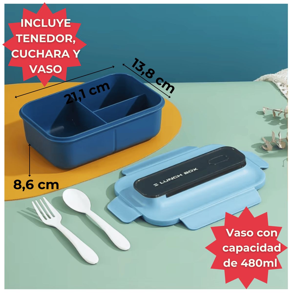 LINE - Fiambrera Contenedor 1200Ml Lunch Táper Hermético + Vaso Plástico Blue