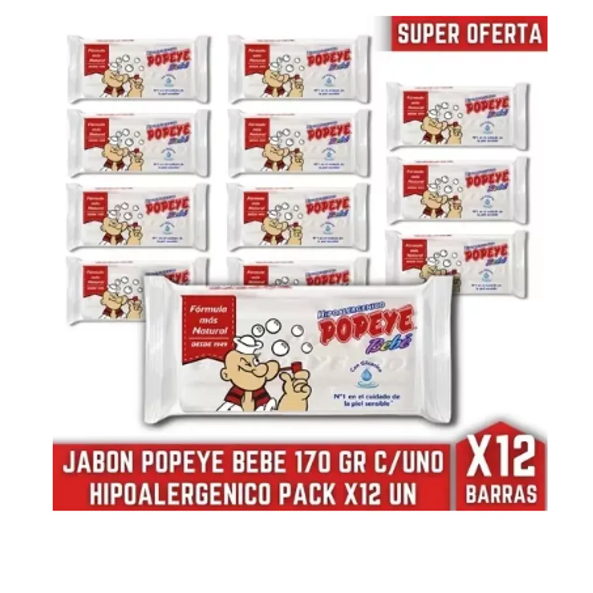 GENERICO - Popeye Jabón En Barra Bebe 170g X 12 Unidades