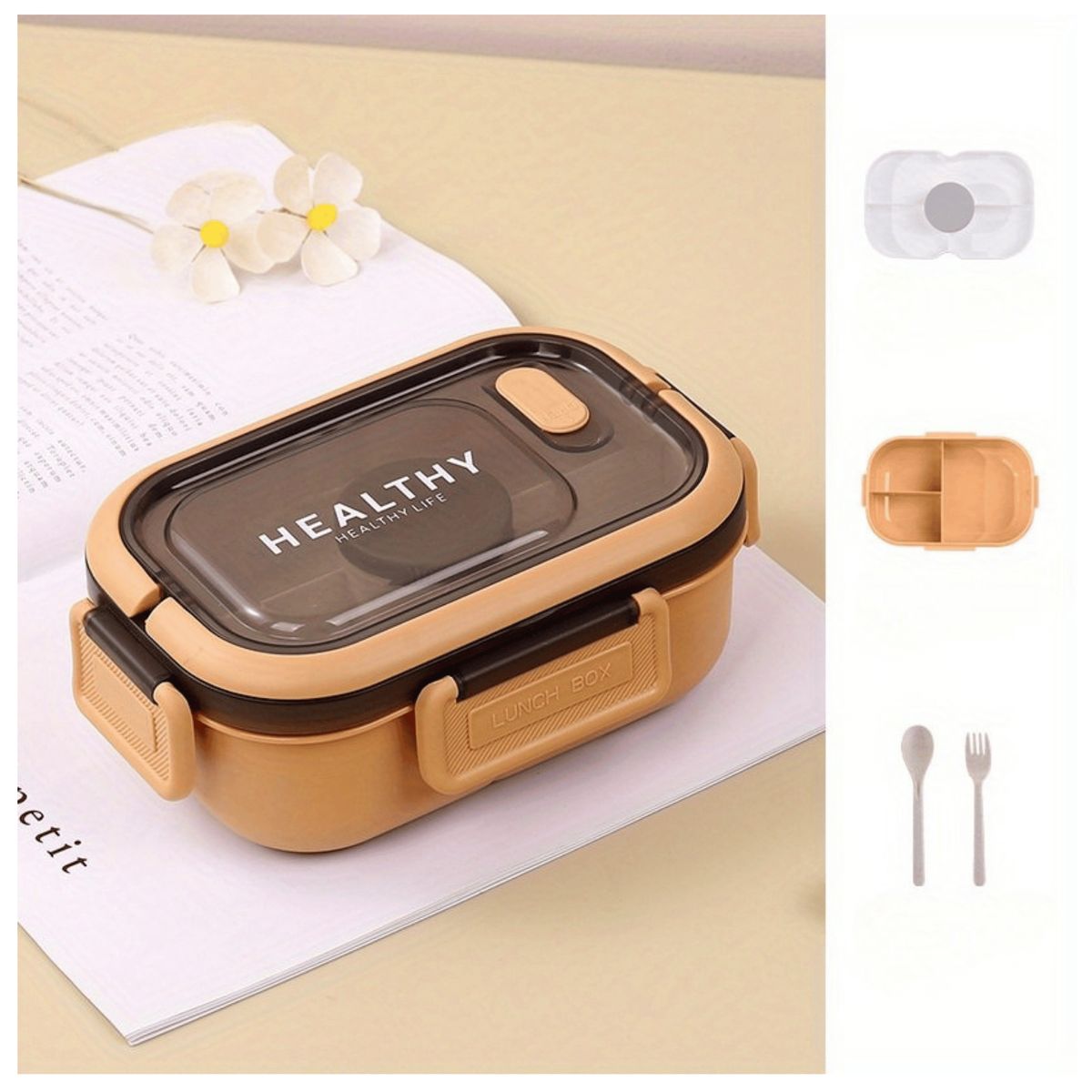 LINE - Fiambrera Contenedor 1200 Ml Táper Hermético + Salsera Plástico Beige