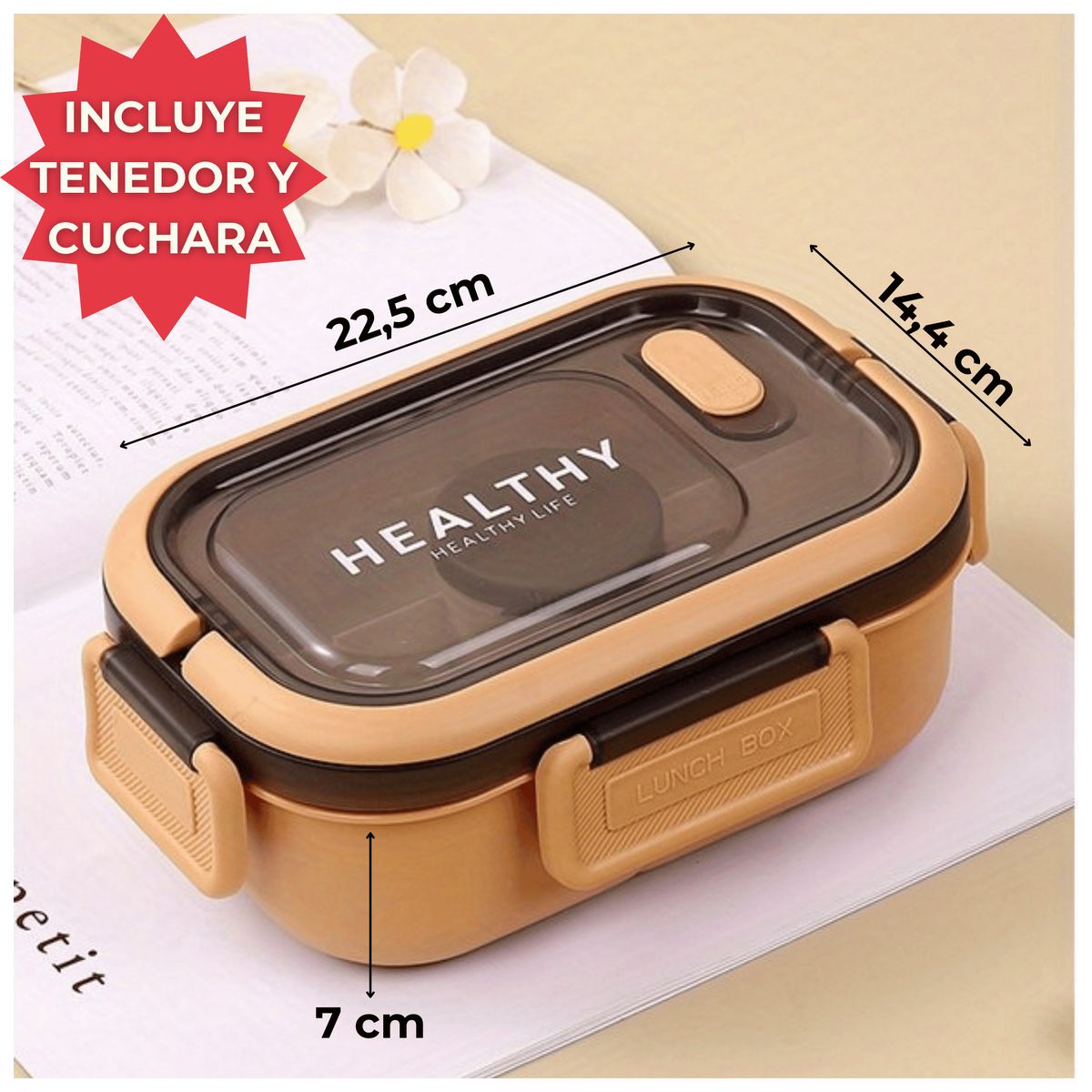 LINE - Fiambrera Contenedor 1200 Ml Táper Hermético + Salsera Plástico Beige