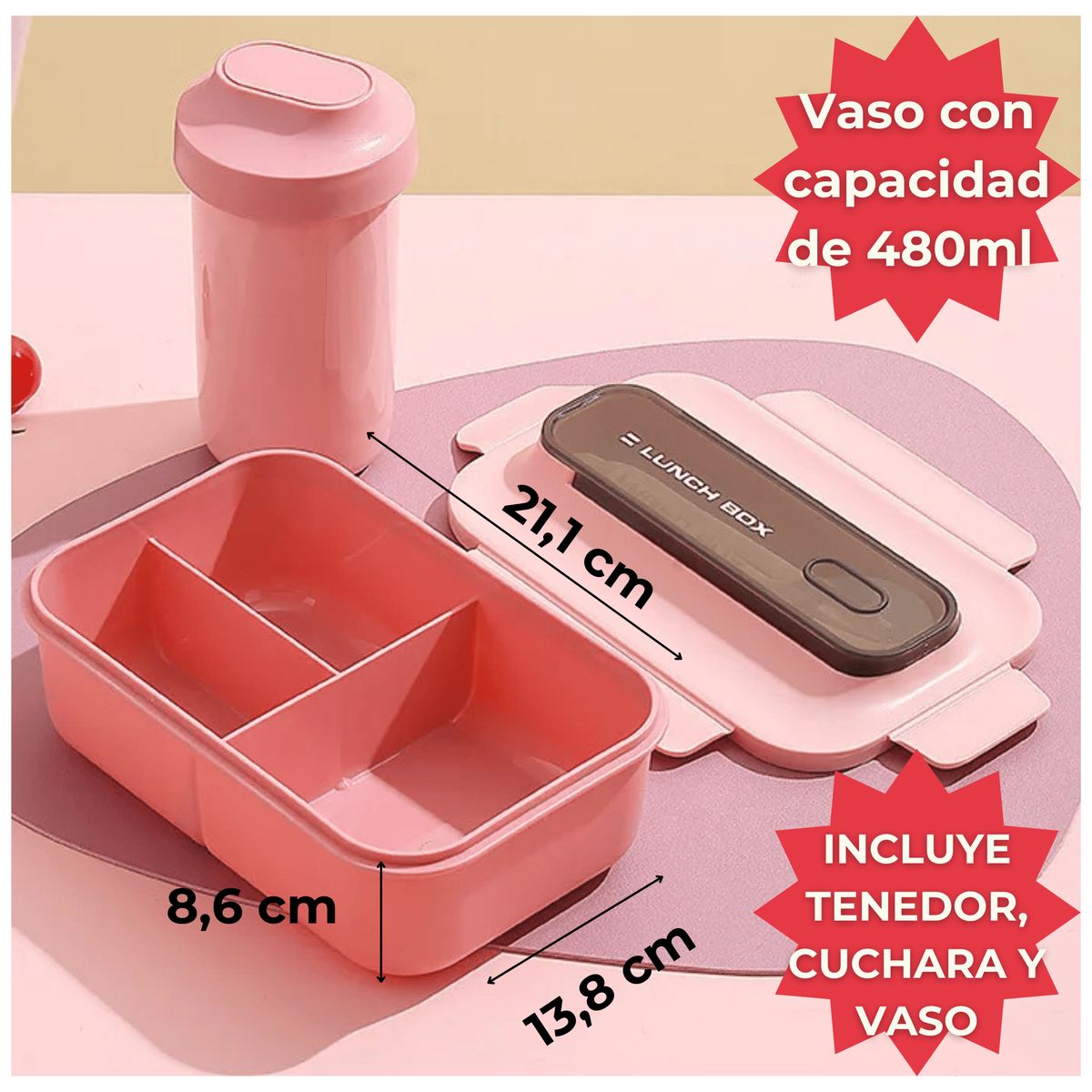 LINE - Fiambrera Contenedor 1200Ml Lunch Táper Hermético + Vaso Plástico Pink