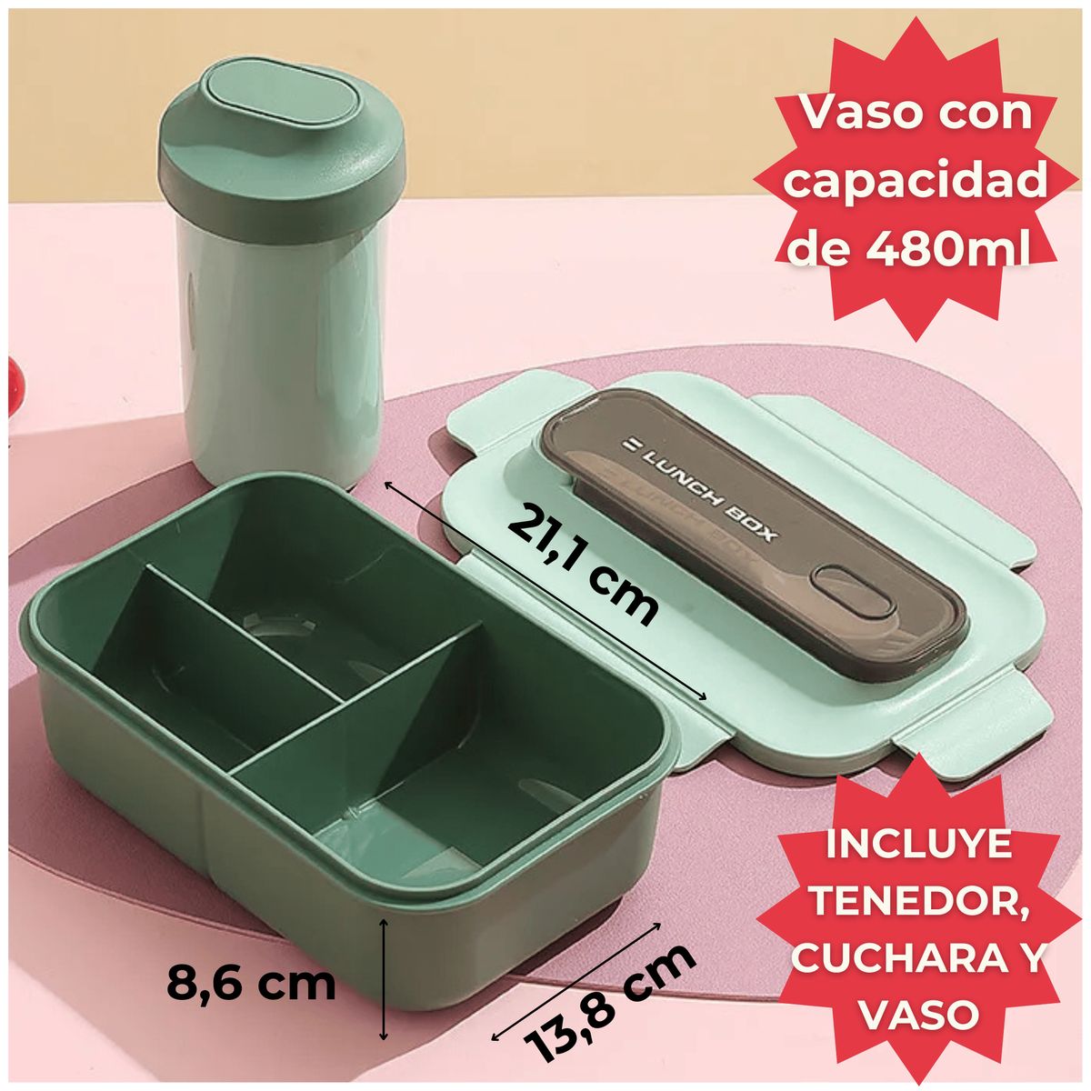 LINE - Fiambrera Contenedor 1200Ml Lunch Táper Hermético Vaso Plástico Green