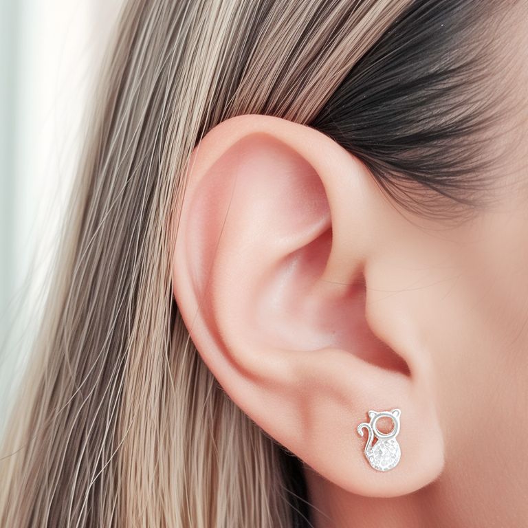 Aros Mini Gato Circon Blanco Plata Fina 925 Plateado TALLA UNICA