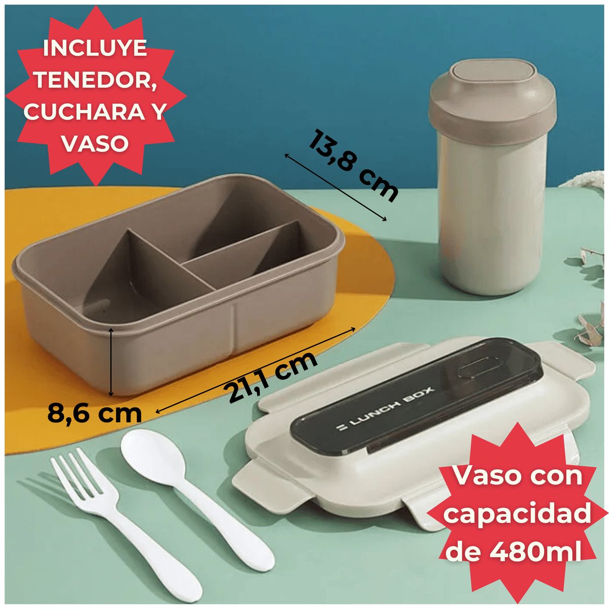 LINE - Fiambrera Contenedor 1200Ml Lunch Táper Hermético Vaso Plástico Beige