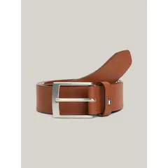 TOMMY HILFIGER - Cinturón De Cuero Liso Con Logo Esmaltado Café