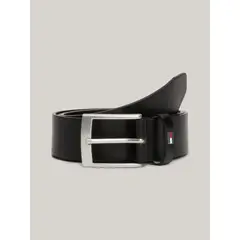 TOMMY HILFIGER - Cinturón De Cuero Liso Con Logo Esmaltado Negro