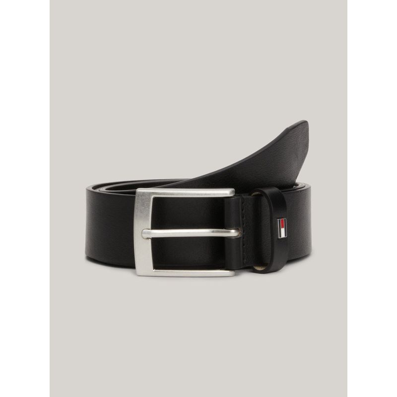 TOMMY HILFIGER - Cinturón De Cuero Liso Con Logo Esmaltado Negro Tommy Hilfiger
