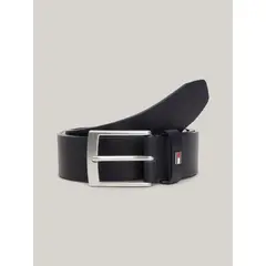 TOMMY HILFIGER - Cinturón De Cuero Liso Con Logo Esmaltado Negro