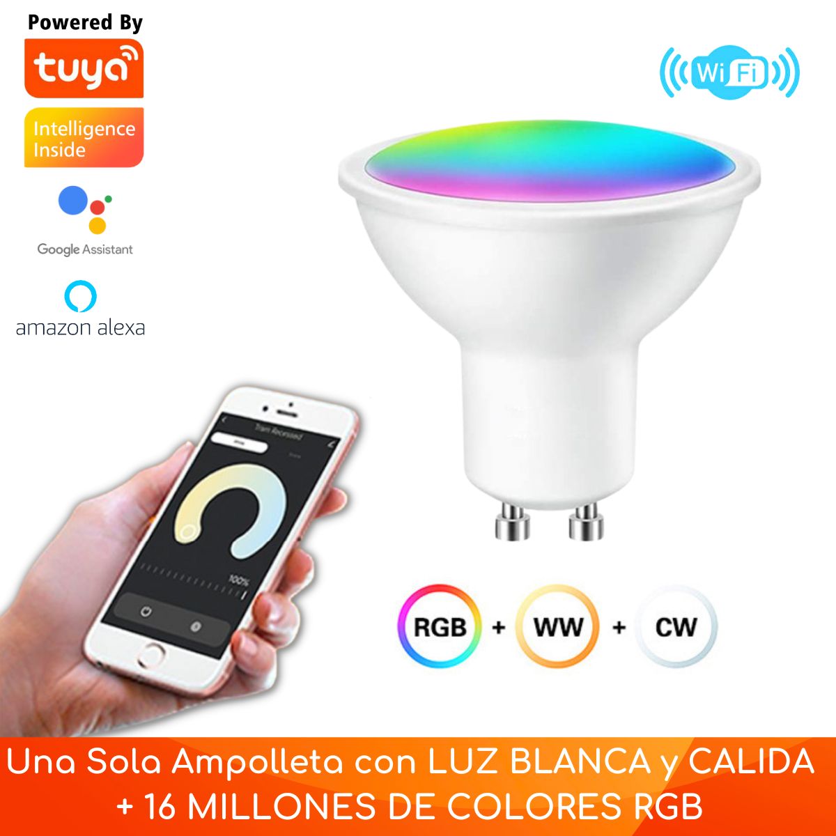 D MOTICA - Ampolleta Gu10 Wifi Inteligente 5w 220v Blancos + Colores Rgb