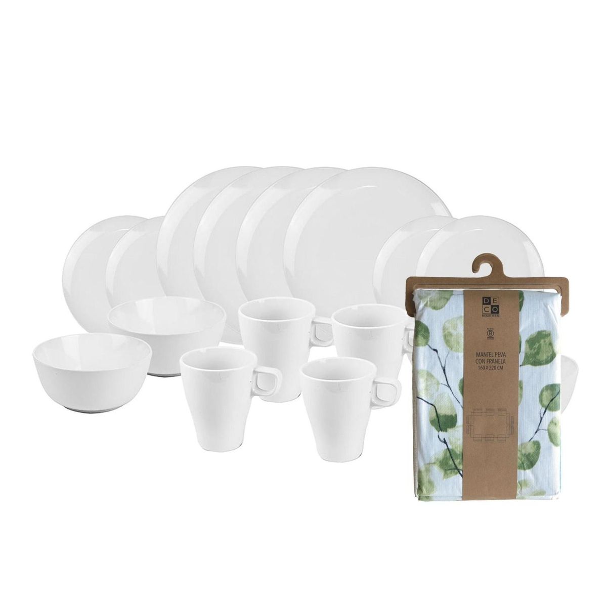 DECO EXPRESS - Set Juego de loza Cerámica 16 piezas Vajilla Blanca y Mantel PEVA Natural 160x220
