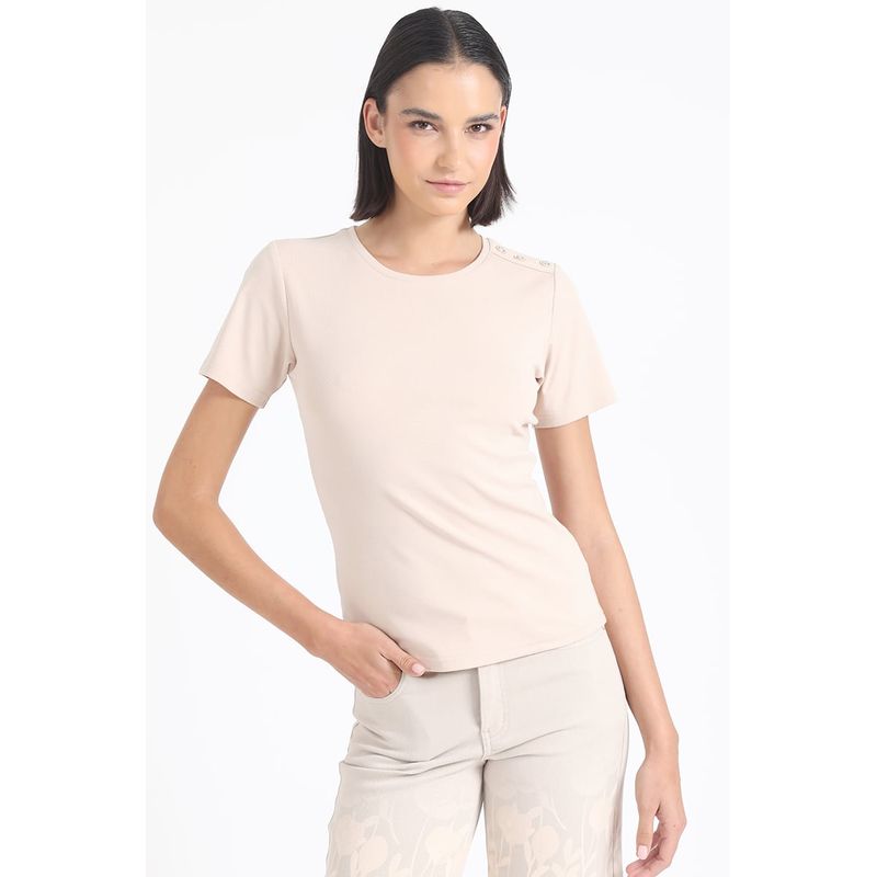 LIOLA - Polera Algodón Spandex Aplicación Strass, Beige Liola