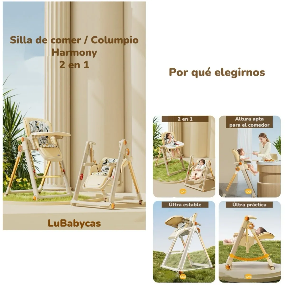 LUBABYCAS - Silla De Comer Columpio 2 En 1 Crema LuBabycas