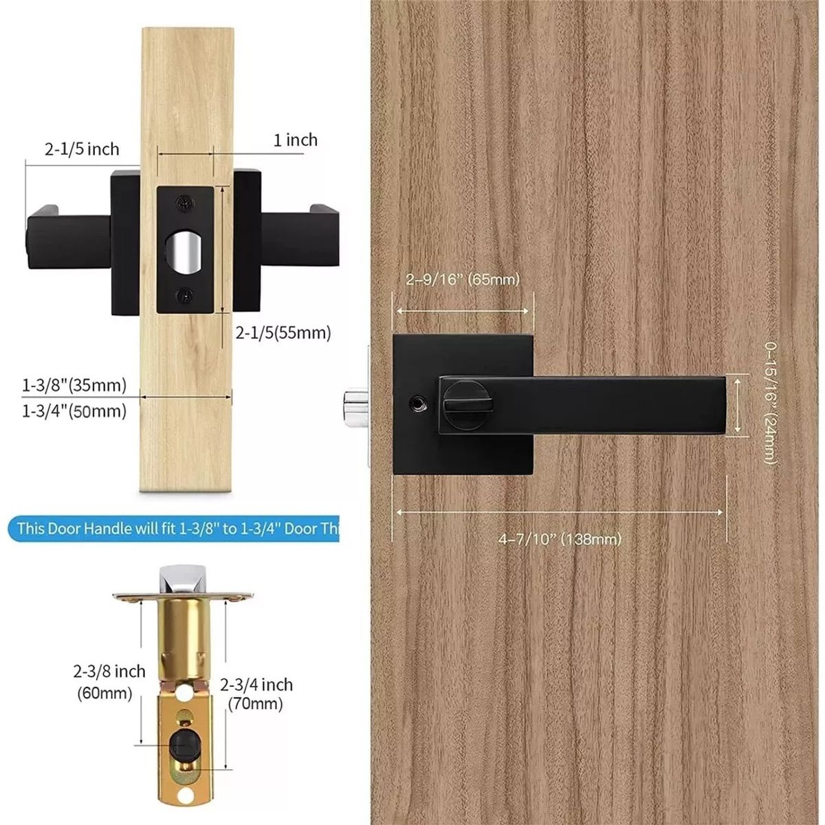 TNAKIEX - Cerradura Manija Negra Cuadrada Puerta Recamara O Principal