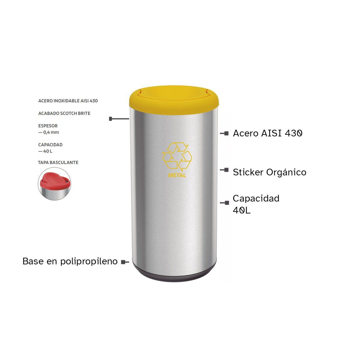 TRAMONTINA - Basurero De Acero Inoxidable 40 L De Capacidad, Aro Amarillo