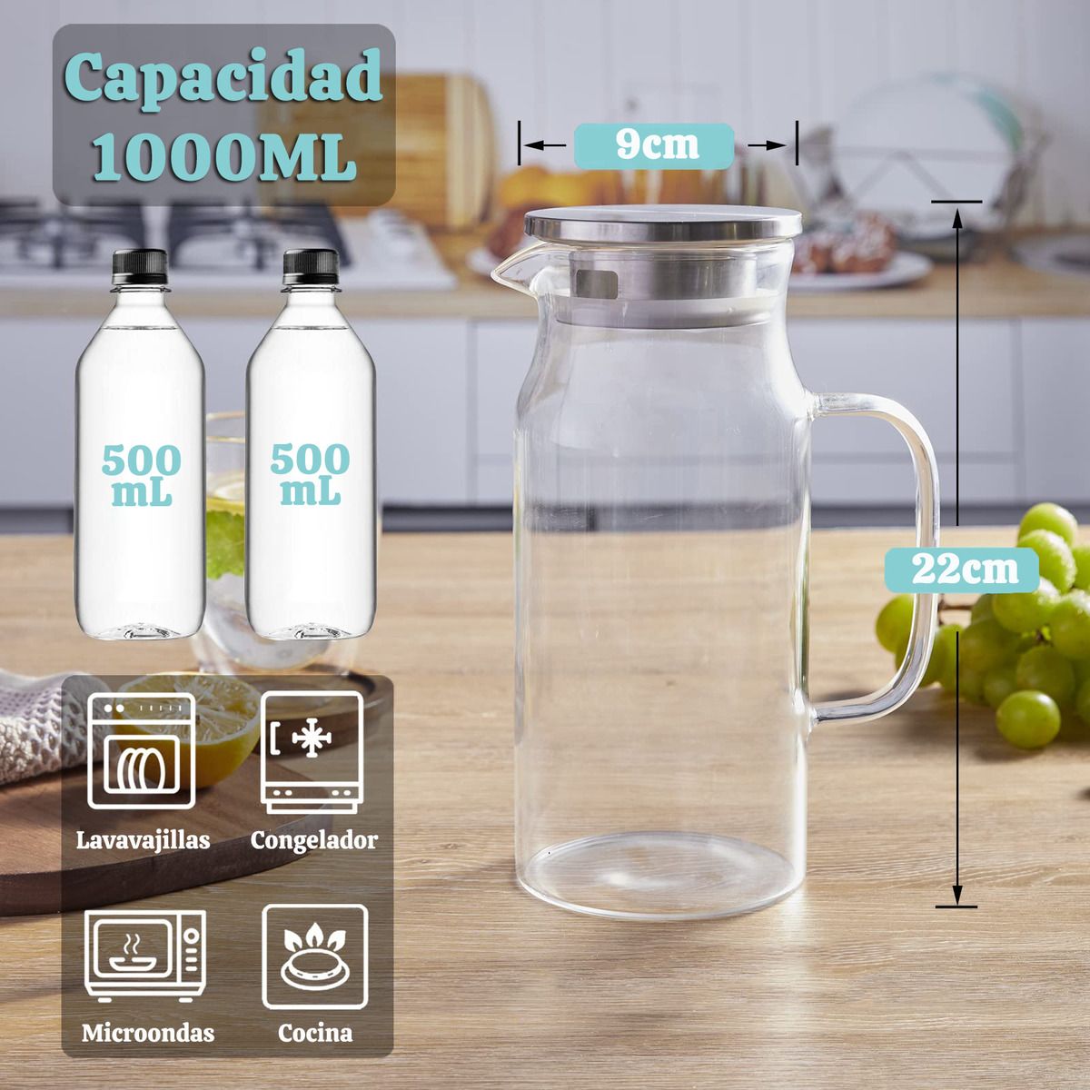 GENERICO - Jarra Vidrio De 1000 Ml Para Bebidas Calientes Frías