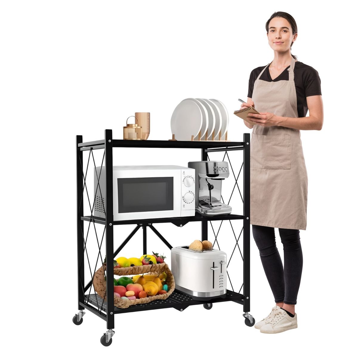 PROCHEF - Estante Plegable de Acero con Ruedas. 3 bandejas