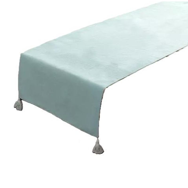GENERICO - Piecera para cama 2 plaza - king en lino pompones 70x210 cm color agua
