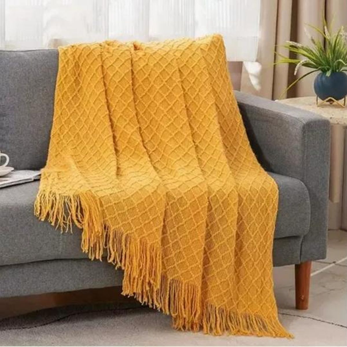 GENERICO - Manta decorativa tejida para sillón piecera o cama color amarillo