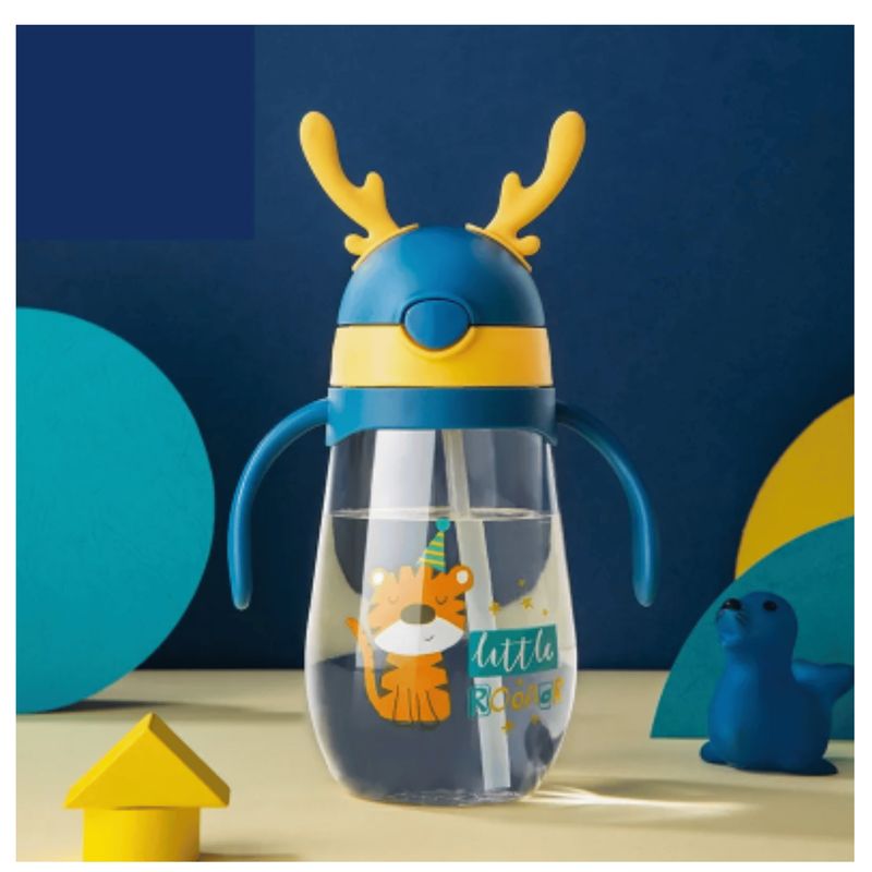 LINE - Botella Plástica 480ML Con Bombilla Kawai Sin BPA Niño Tiger