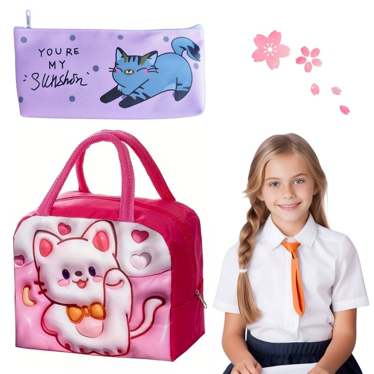GENERICO - Set lonchera térmica infantil + estuche escolar gatito kawaii